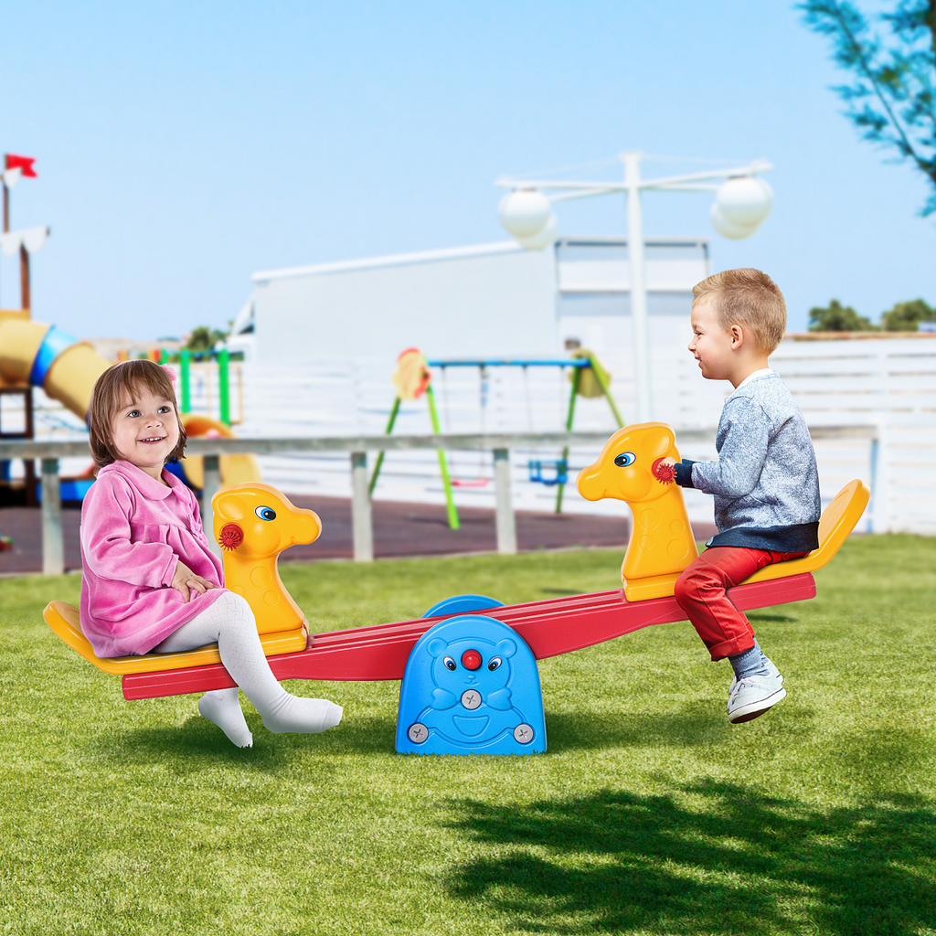 Kids seesaw teeter totter by HOMCOM with two seats and easy-grip handles for safe outdoor play.