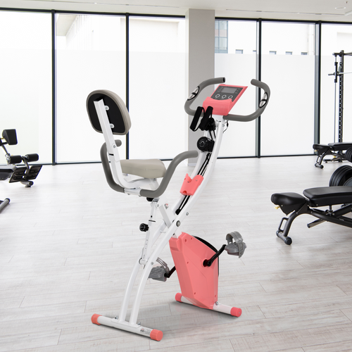 2-in-1 upright exercise bike in pink with 8-level adjustment and pulse sensor, showcasing ActiveGear design and features.