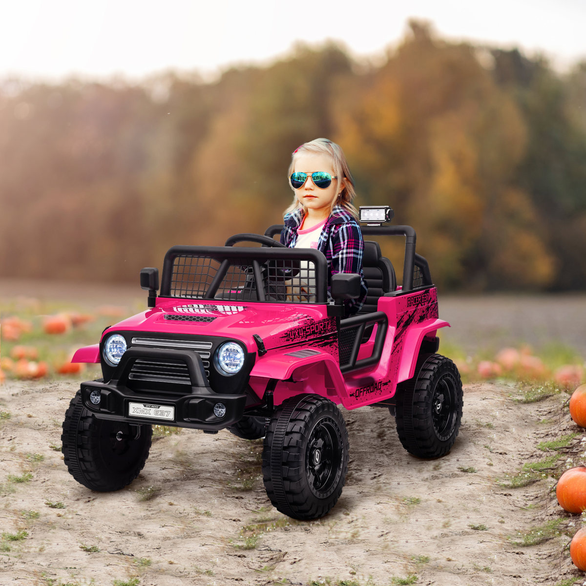 Pink AIYAPLAY Kids Ride On Car, 12V Electric Truck with suspension, designed for outdoor fun and play.