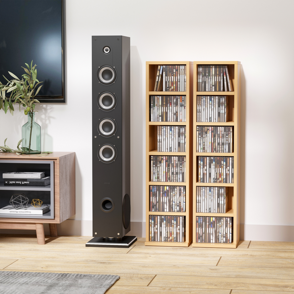 Set of 2 wooden CD storage towers with adjustable shelves, holding up to 204 CDs, in a natural wood finish.