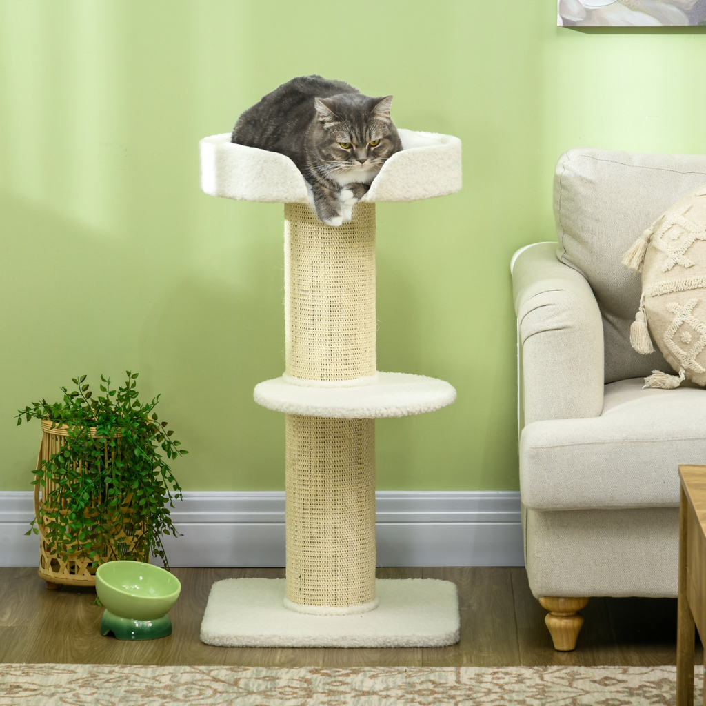 PawHut 2 Tier Cat Resting Tree with Top Basket Cushion Sisal Post Cream White