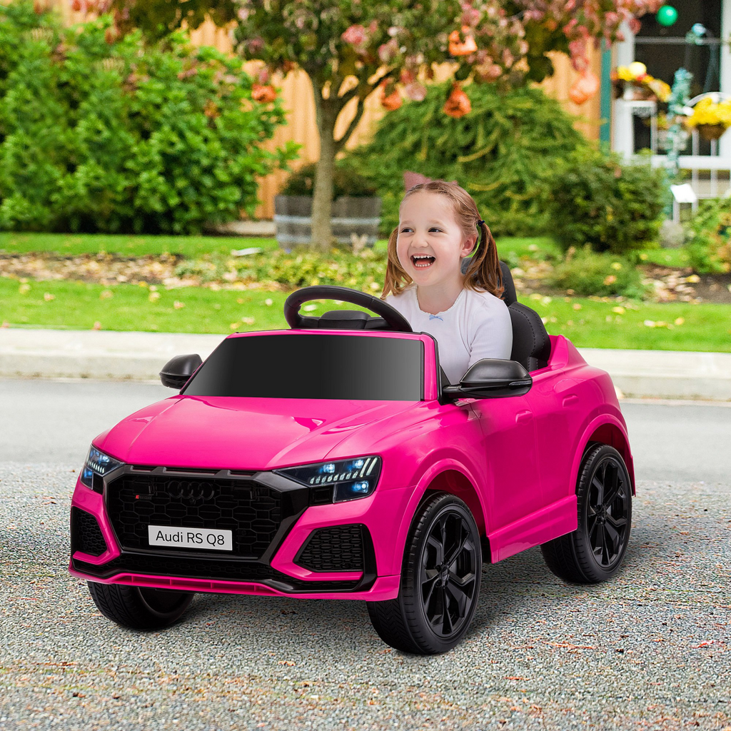 Pink Audi RS Q8 6V electric ride-on car for kids aged 3-5 with remote control, showcasing sleek design and sturdy wheels.