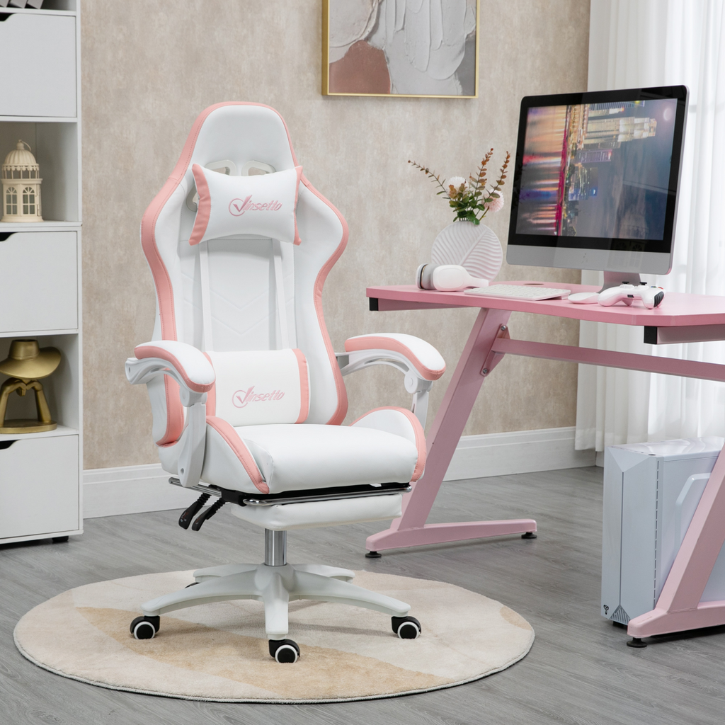 Vinsetto pink racing style gaming chair with faux leather, reclining feature, and footrest, showcasing ergonomic design.
