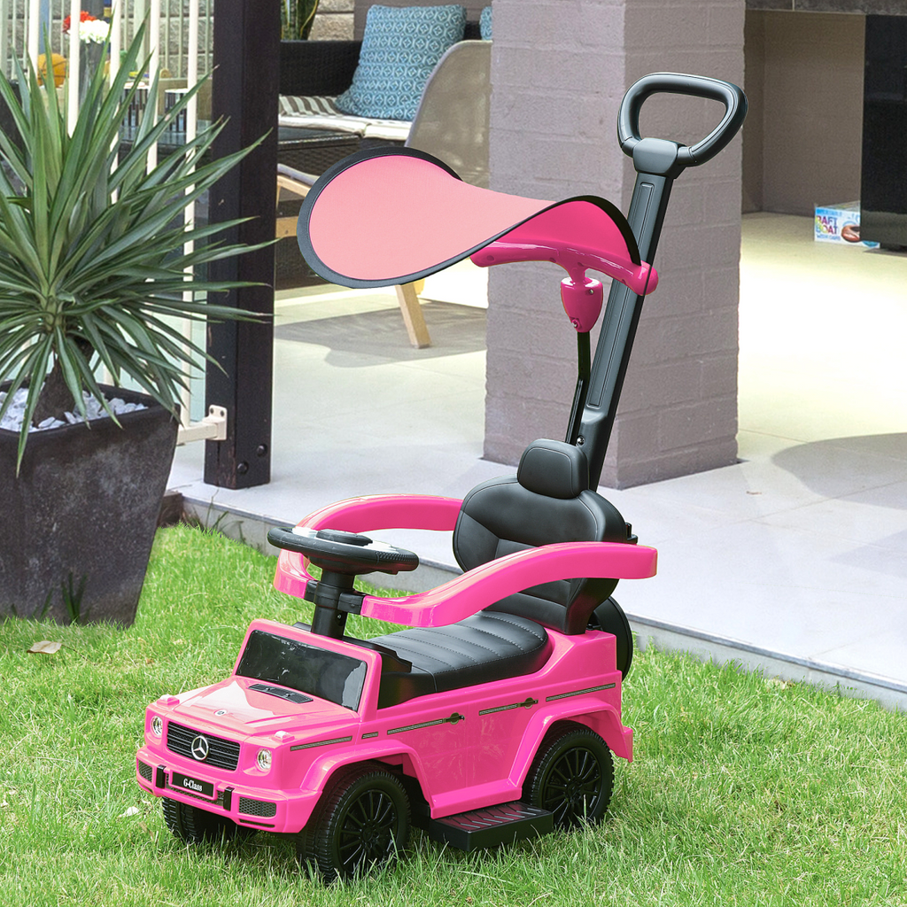 Licensed pink Mercedes Benz G350 ride-on push car with sun canopy for toddlers aged 12-36 months by FunZone.