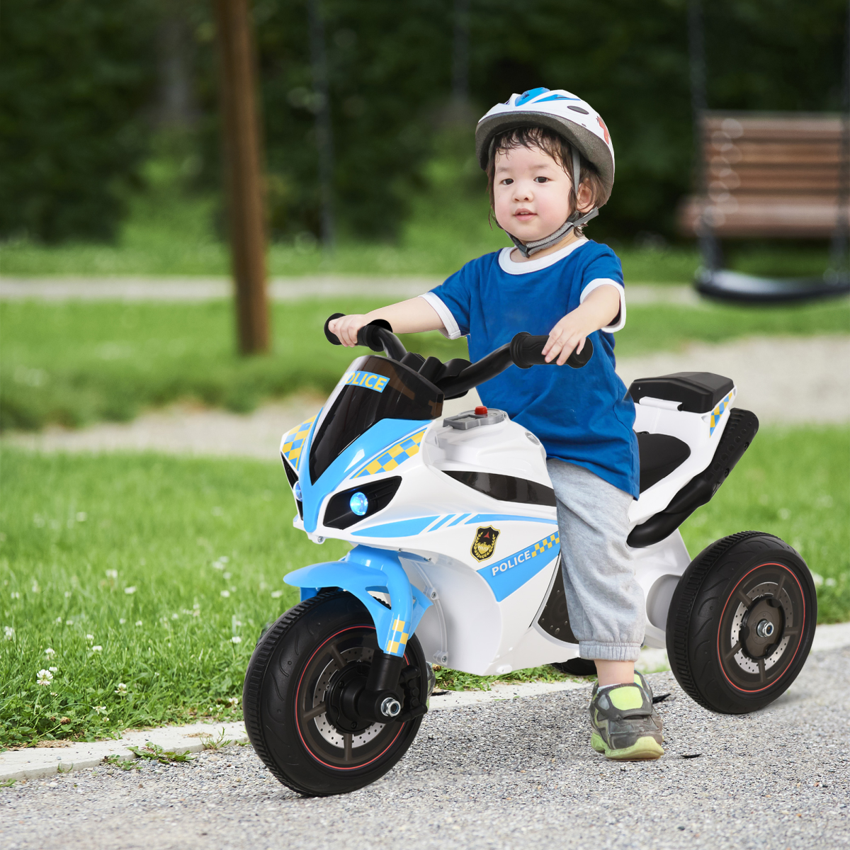 Kids Ride-On Police Bike by FunZone, a 3-wheel vehicle featuring music and lights for ages 18-36 months.