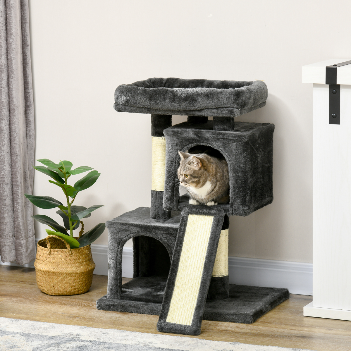 Black Cat Rest & Play Activity Tree with two house perches and scratching post, designed for playful cats.