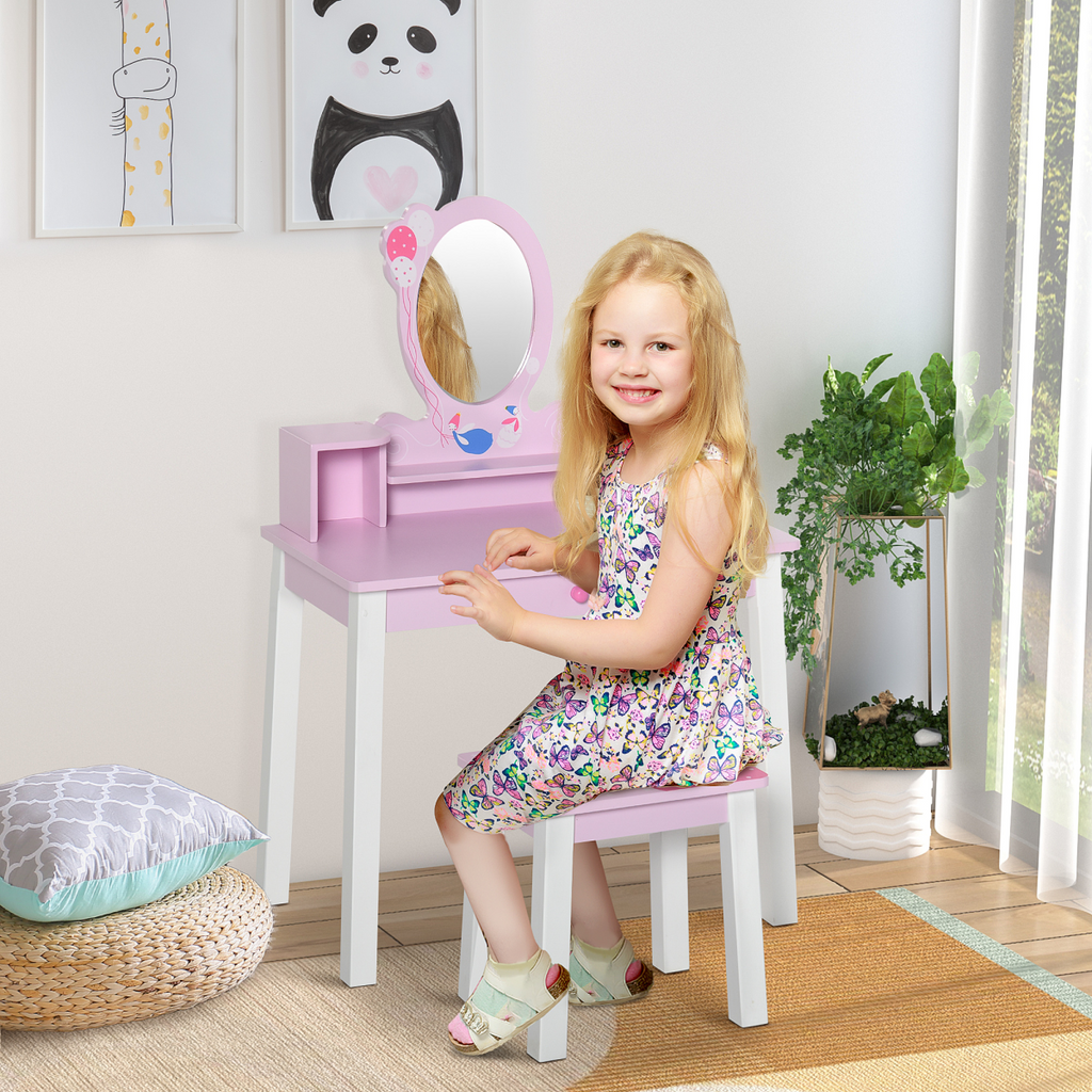 Kids pink dressing table and stool set by FunZone, featuring a mirror and storage with playful cartoon patterns.