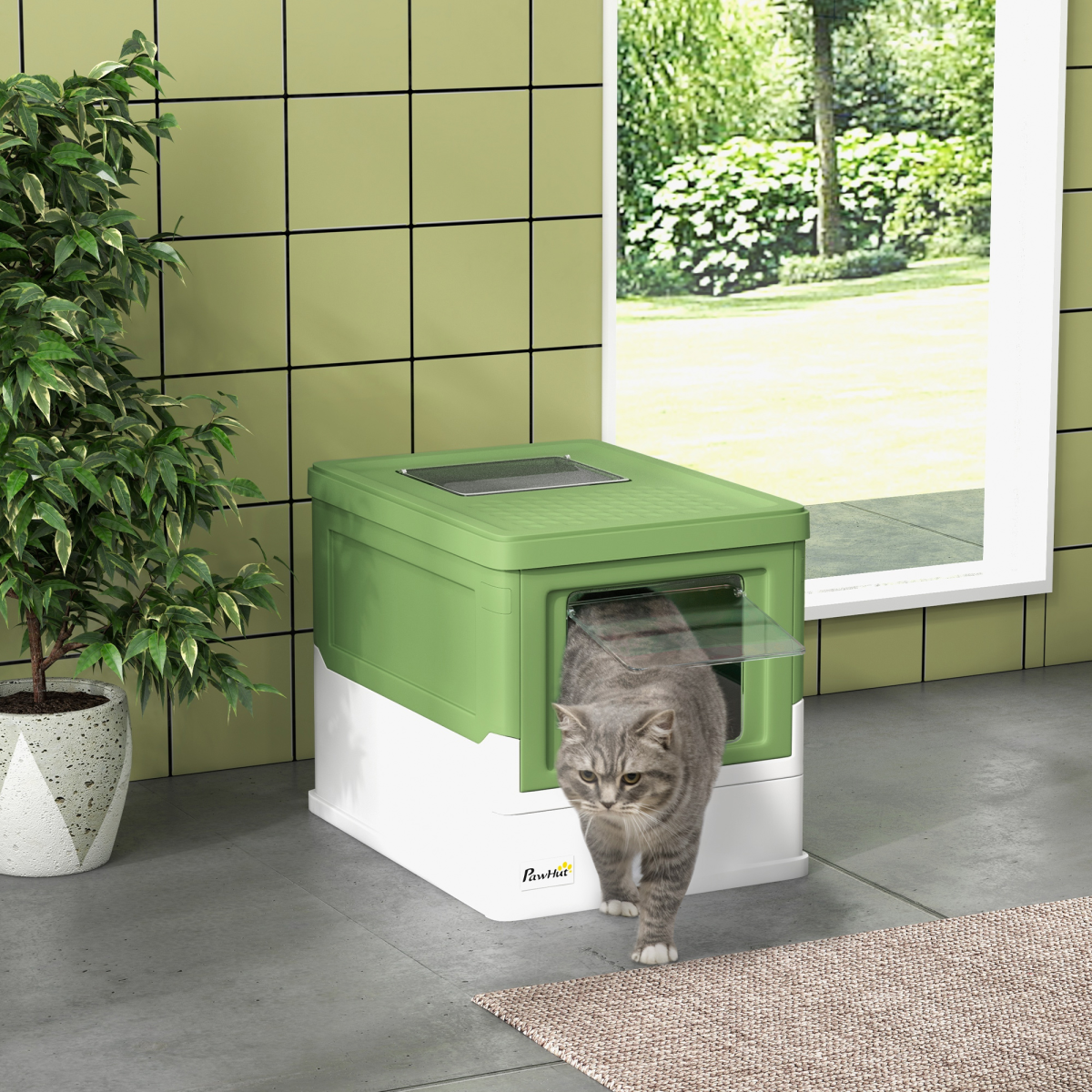PawHut Hooded Cat Litter Box, Pet Toilet w/ Scoop, Tray - Light Green