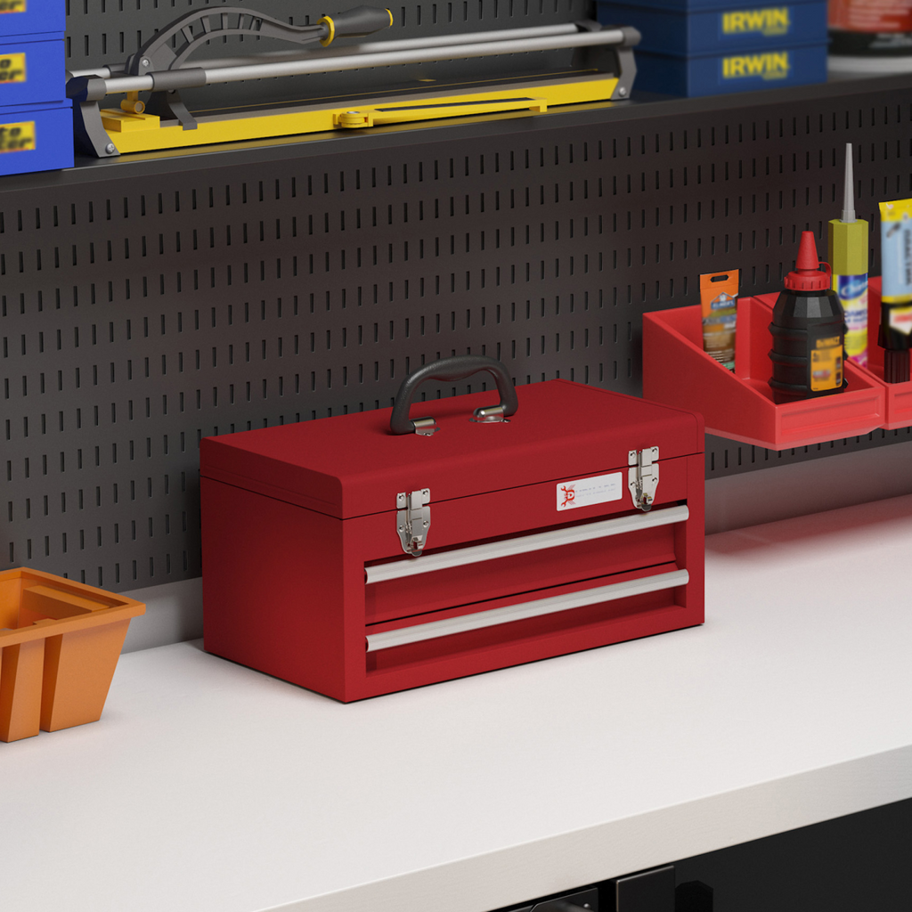 DURHAND red tool chest with two lockable drawers and ball bearing slides, ideal for organizing tools at home.