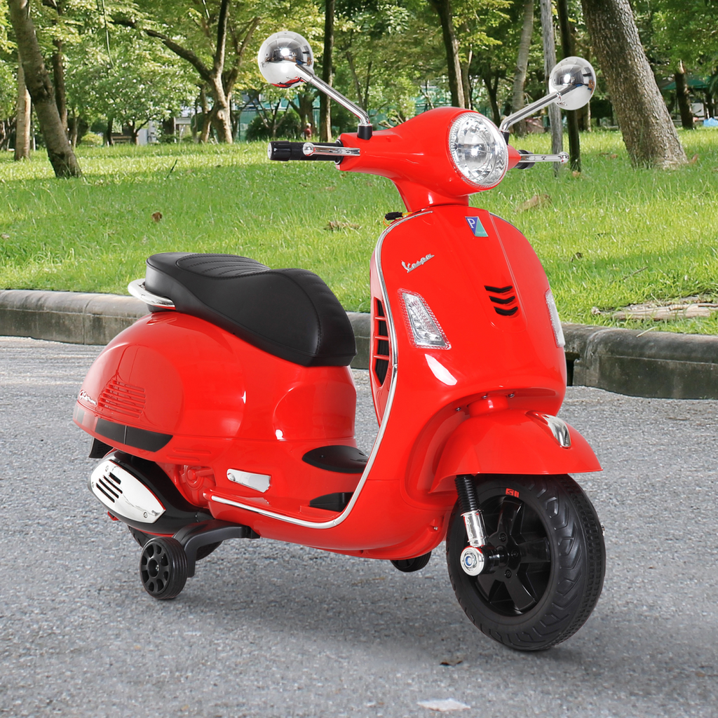 Kids ride-on HOMCOM Vespa motorcycle with music and LED lights, designed for boys and girls, in vibrant colors.