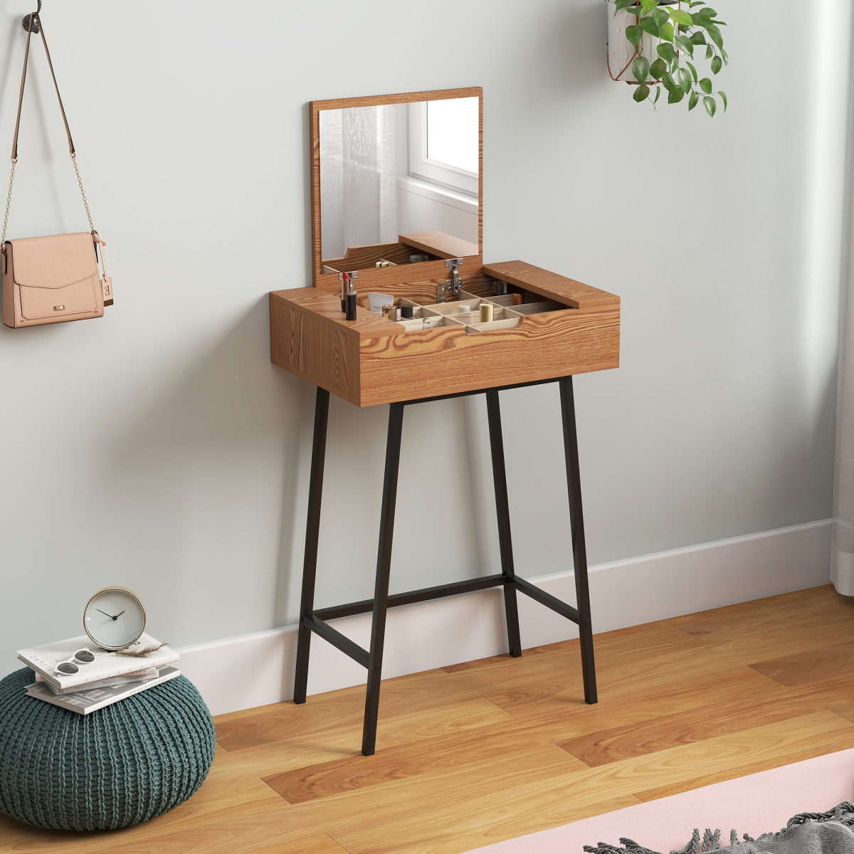 Industrial Vanity Desk with Mirror & Steel Legs - Natural Wood Effect