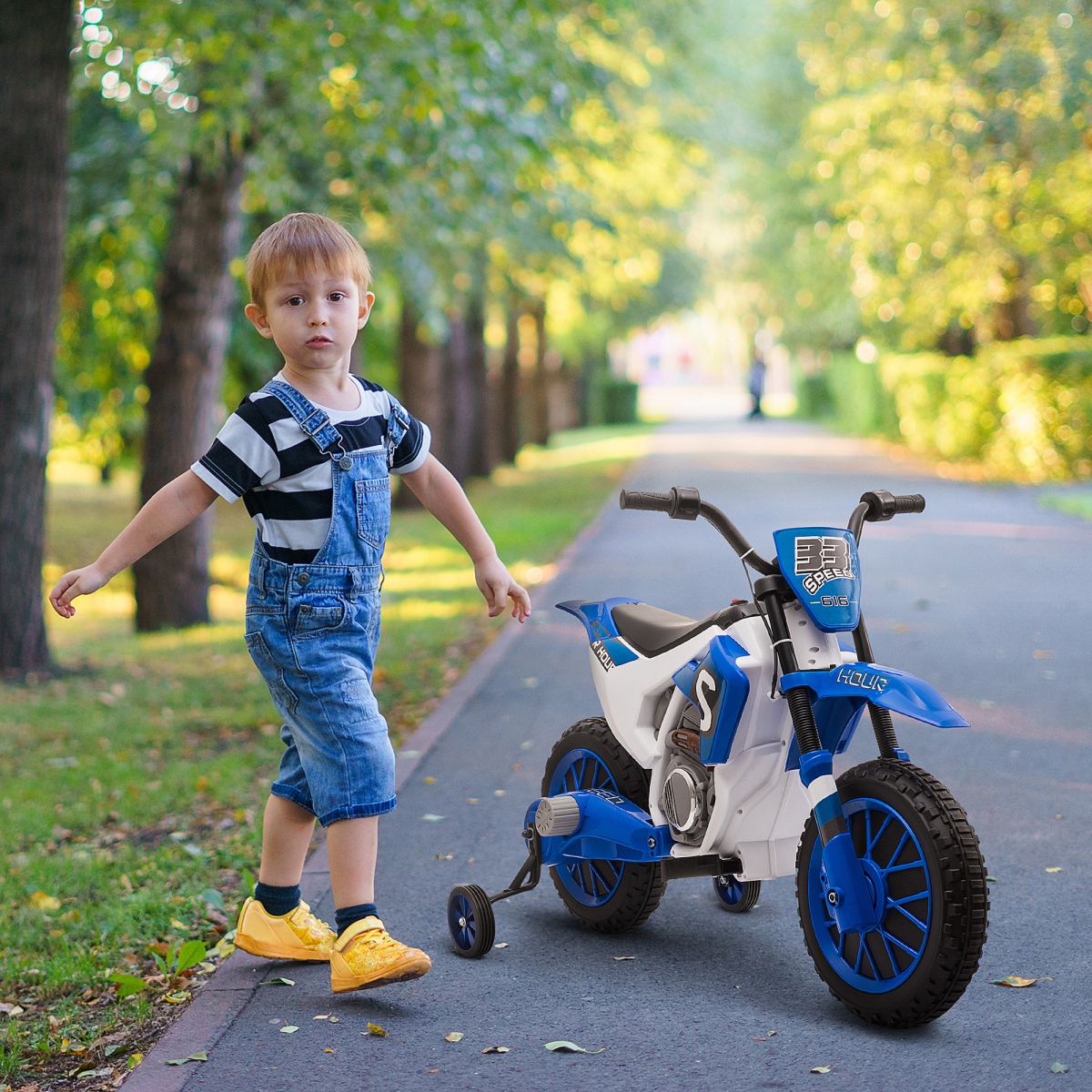 Blue HOMCOM 12V Kids Electric Motorbike with training wheels, designed for safe riding and fun outdoor adventures.