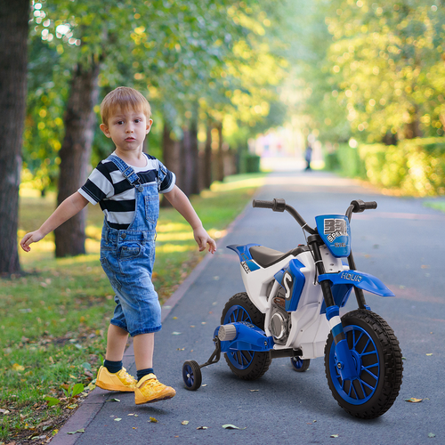 Blue HOMCOM 12V Kids Electric Motorbike with training wheels, designed for safe riding and fun outdoor adventures.
