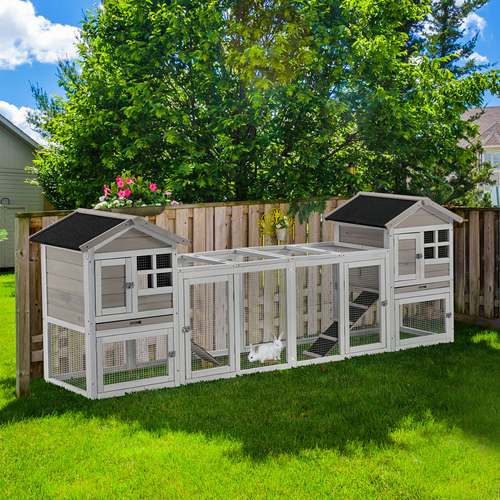 2-in-1 Wooden Rabbit Hutch - Double House with Run Box and Ramp