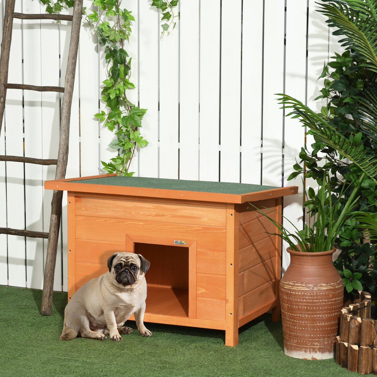 82cm Pawhut wooden dog kennel featuring a waterproof design and elevated floor for outdoor pet shelter.