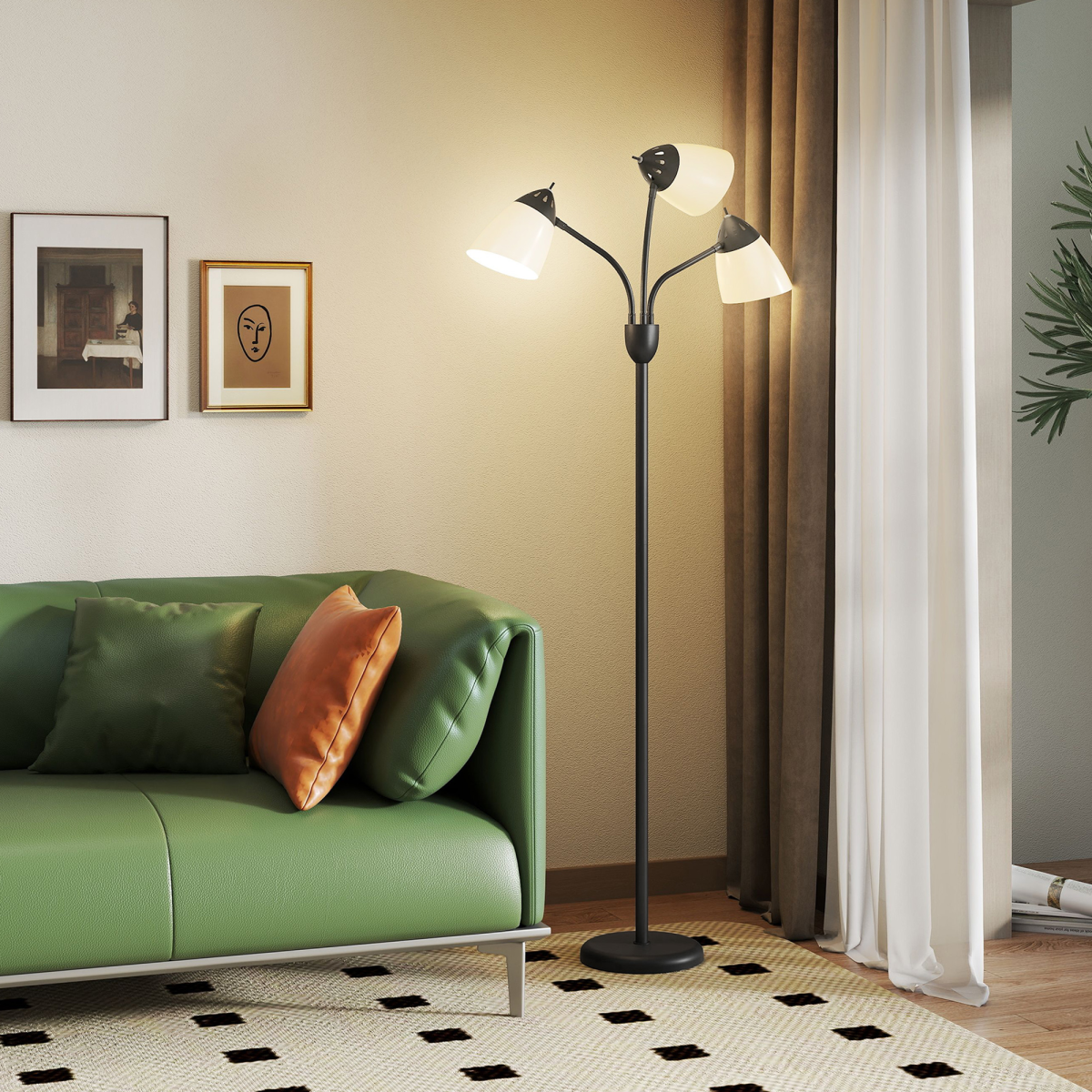 Arc Tree Floor Lamp 3 Adjustable Rotating Lights, with Steel Frame, 155cm, Black