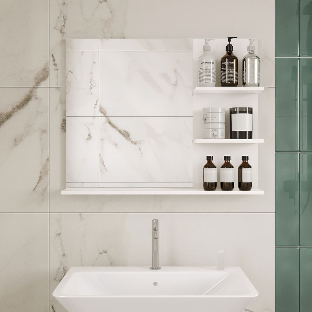 Modern Bathroom Wall Mounted Mirror with 3 Storage Open Shelves, White