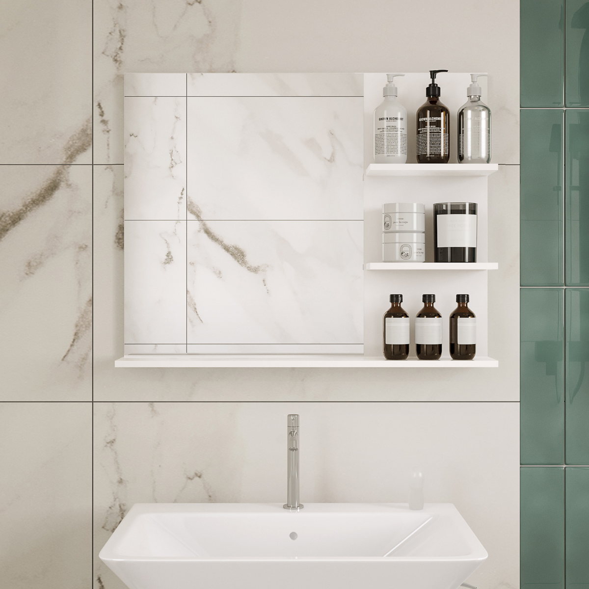 Modern Bathroom Wall Mounted Mirror with 3 Storage Open Shelves, White