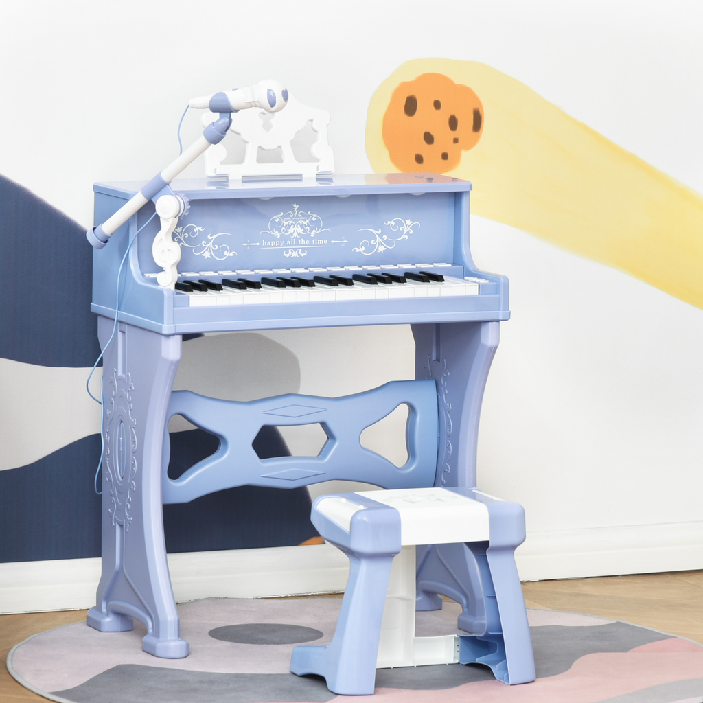 37-key electric keyboard piano with microphone and stool, HOMCOM educational musical toy in a colorful design.