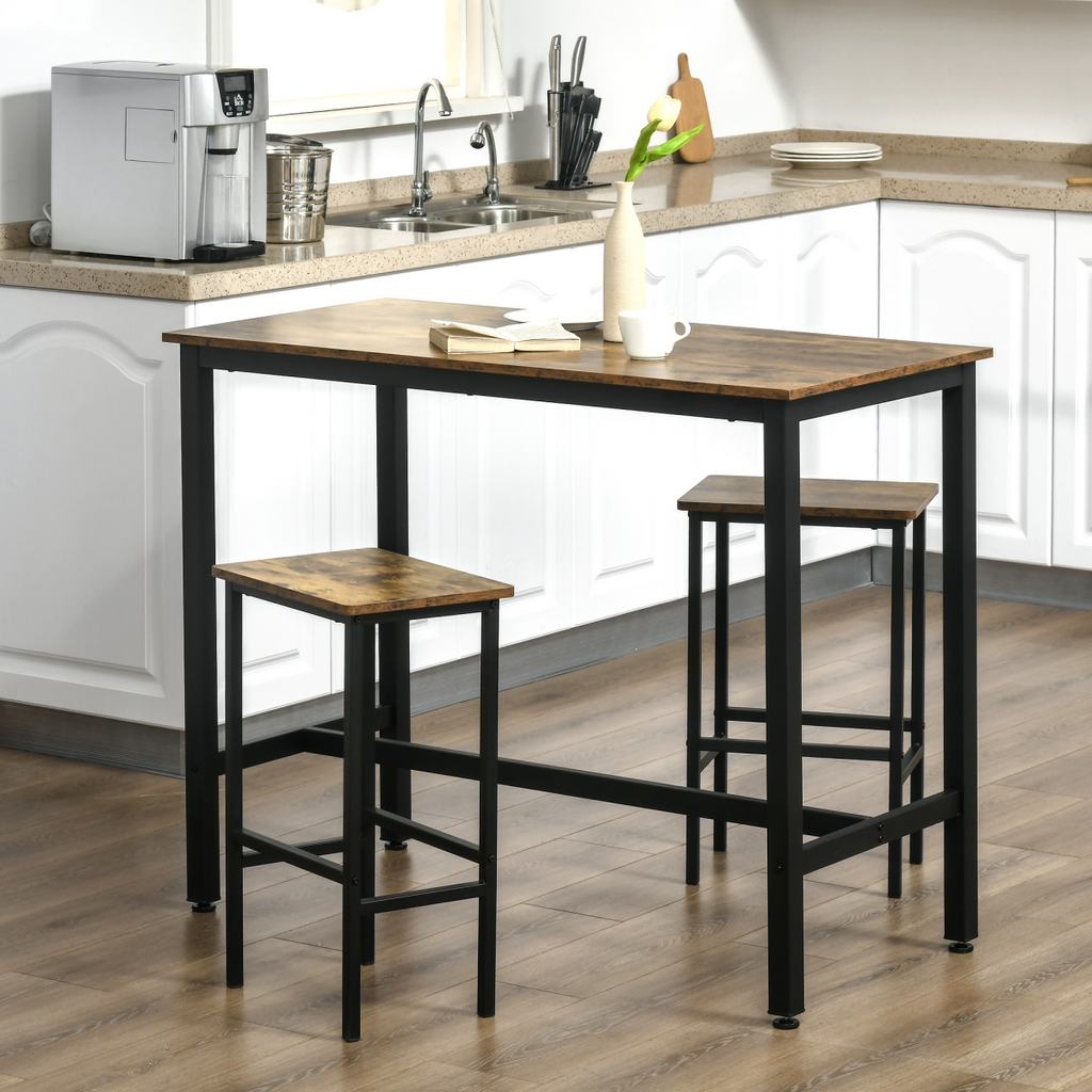 Industrial bar table set with two stools in rustic brown by HOMCOM, featuring a counter height design for modern spaces.