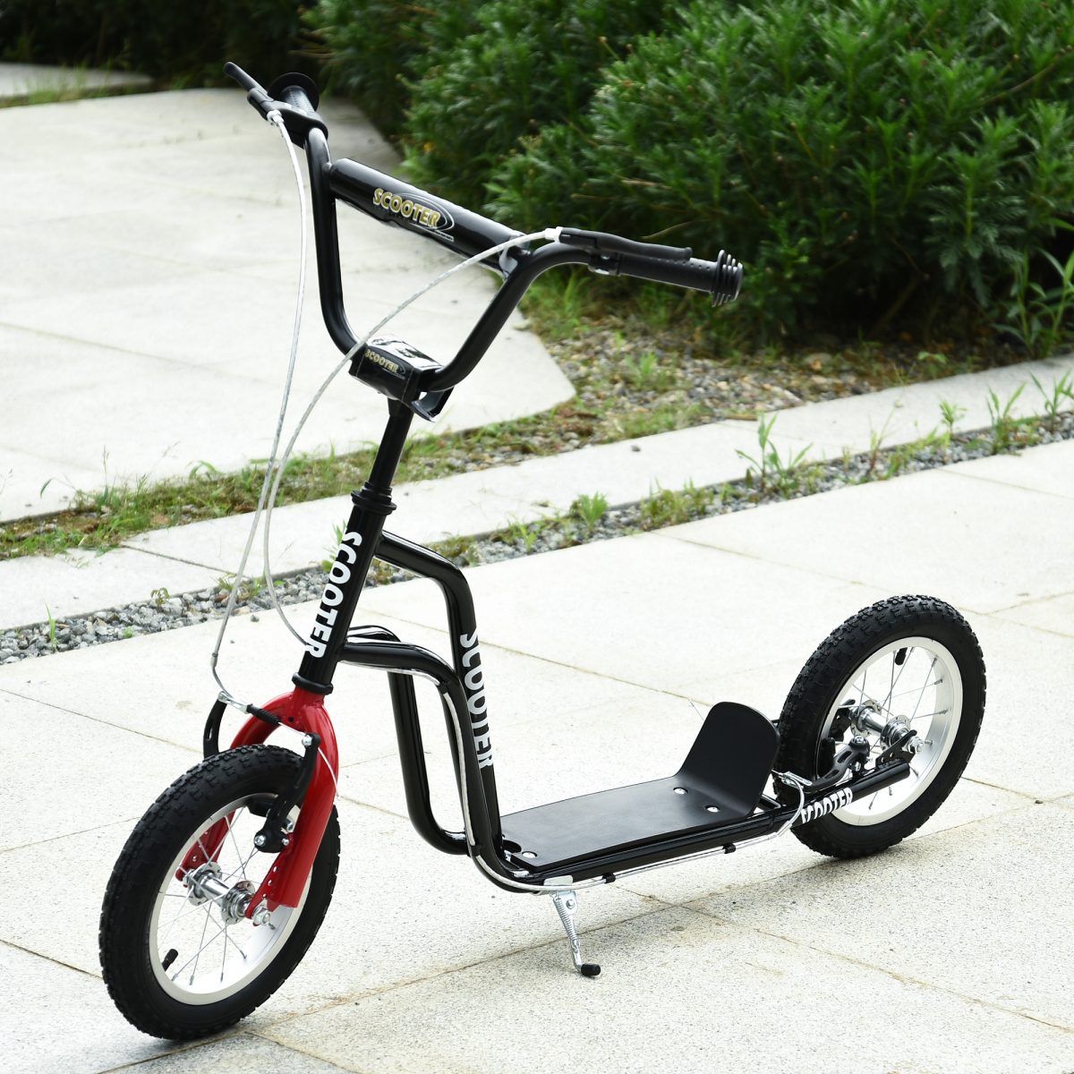 Kids kick scooter with adjustable handlebar, inflatable wheels, and black design for ages 5 and up by FunZone.