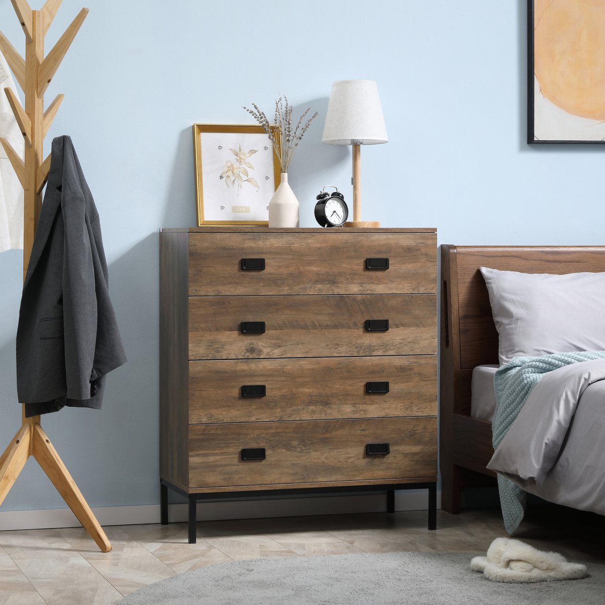 Rustic wood effect 4 drawer chest of drawers for bedroom and living room storage by HomeCraft.