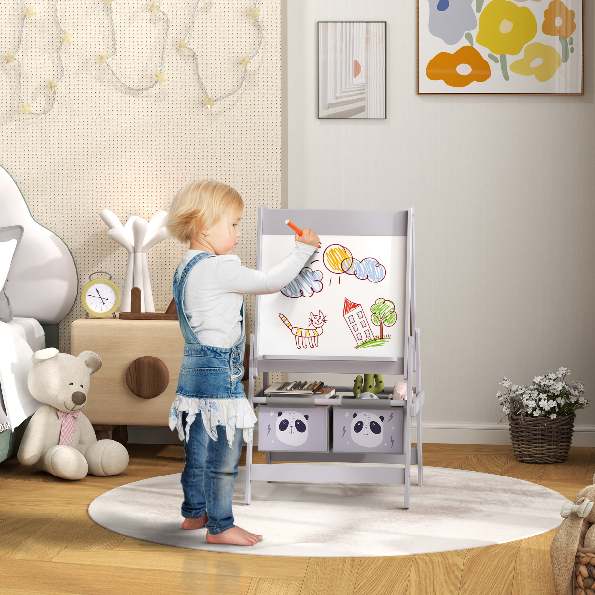 AIYAPLAY Kids Easel featuring a grey design with a paper roll, blackboard, whiteboard, and storage compartments.