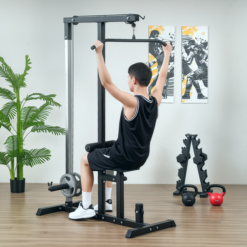 Exercise pulldown machine with adjustable seat and cables for strength training, by ActiveGear, featuring a sturdy design.
