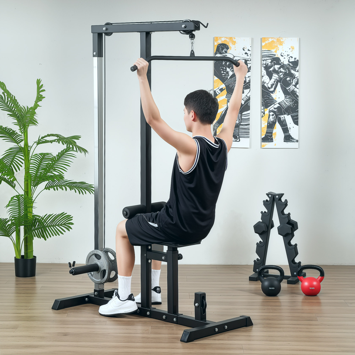 Exercise pulldown machine with adjustable seat and cables for strength training, by ActiveGear, featuring a sturdy design.