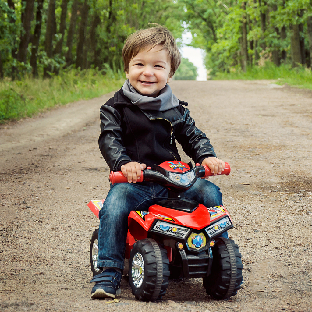 Kids Ride-On Quad by FunZone featuring LED lights, horn, music, and four wheels for ages 12 months and up.