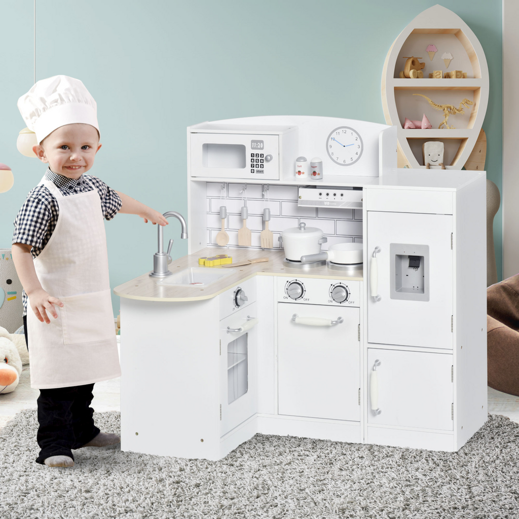 Kids Kitchen Play Kitchen Toy Set by HOMCOM featuring a white drinking fountain for imaginative play.