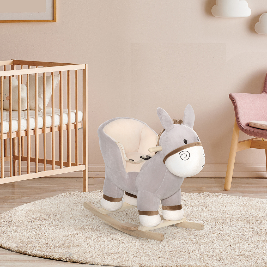 Kids plush rocking donkey ride-on toy with sound button and seat belt, suitable for ages 18-36 months.