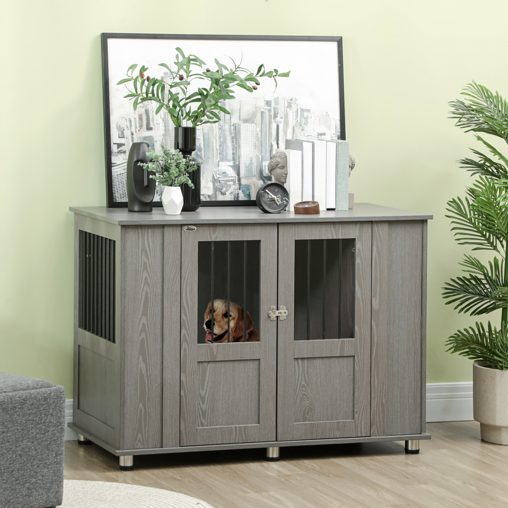 Extra large grey dog crate end table by PawHut, featuring a dual purpose design for pets and home decor.