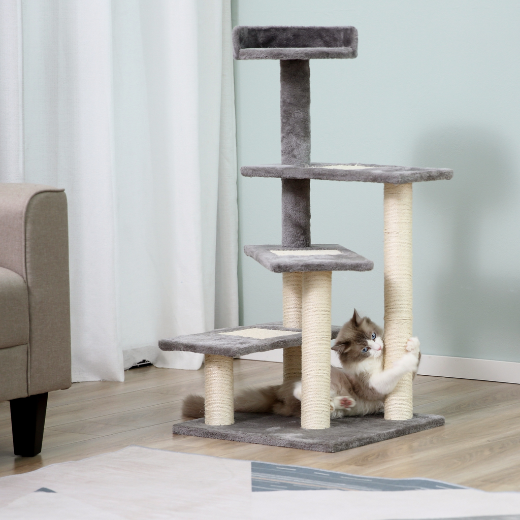 Plush Cat Tree Activity Center with climbing tower and scratching post for kittens by Pawhut.