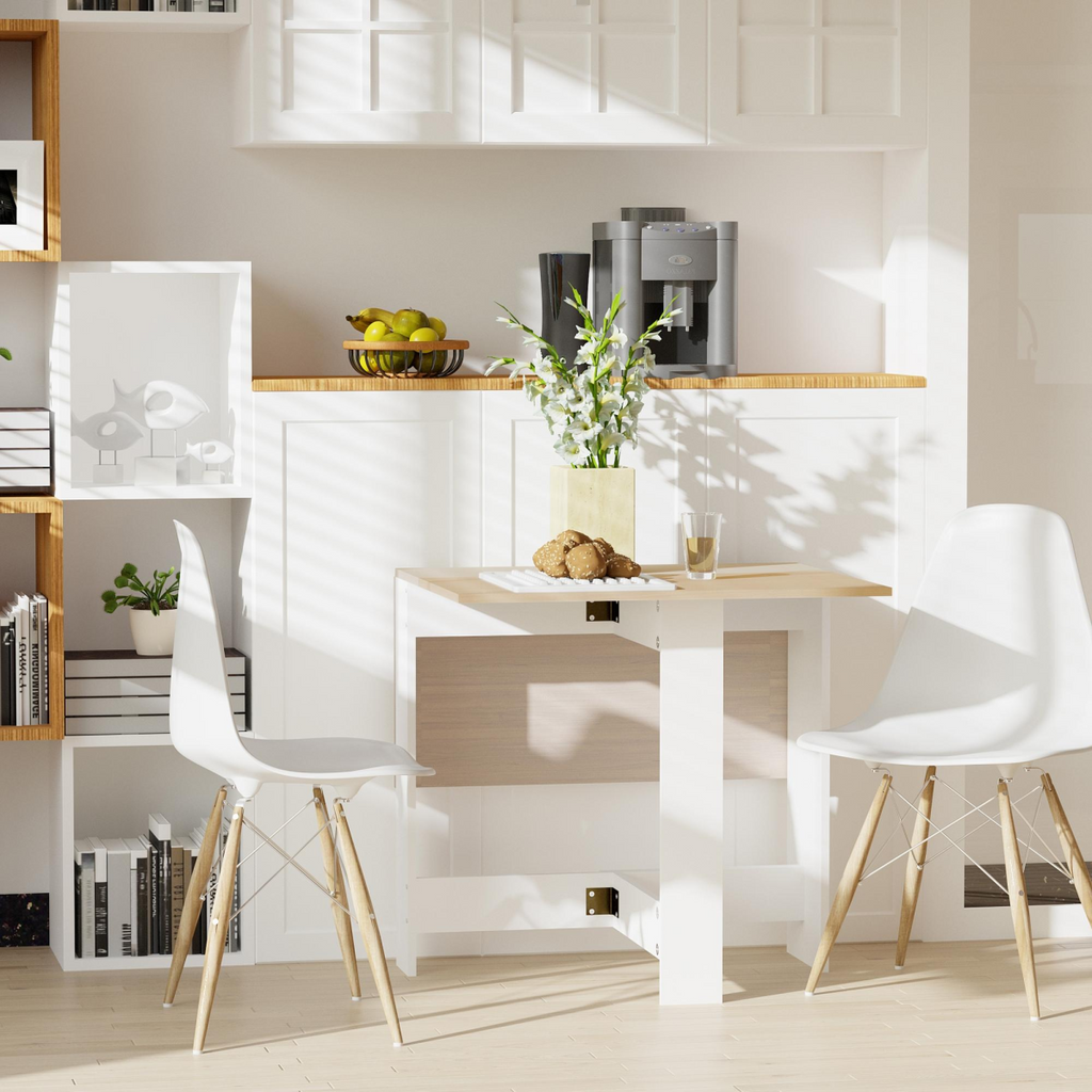 Oak white drop leaf folding table by HOMCOM, seats 6, space-saving design, perfect for multifunctional home use.