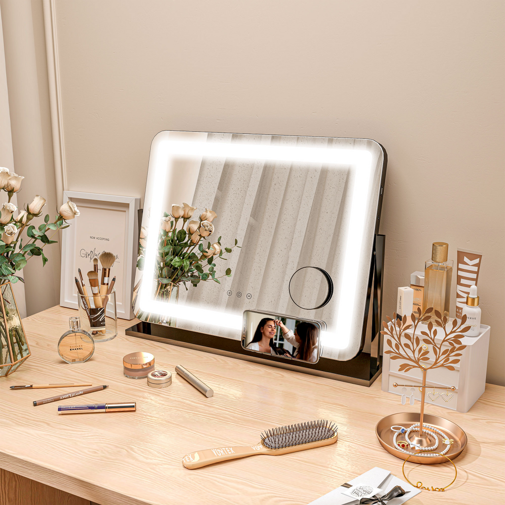Dimmable Lighted Makeup Mirror with Magnifier & USB Port - 360° Rotation
