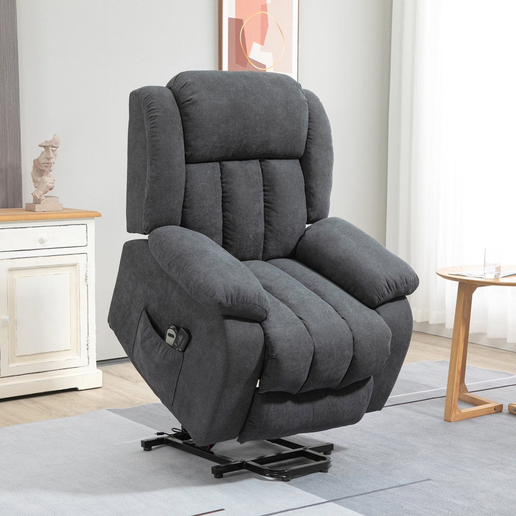 Heavy-duty HOMCOM riser and recliner chair in dark grey with massage function, designed for elderly comfort and support.
