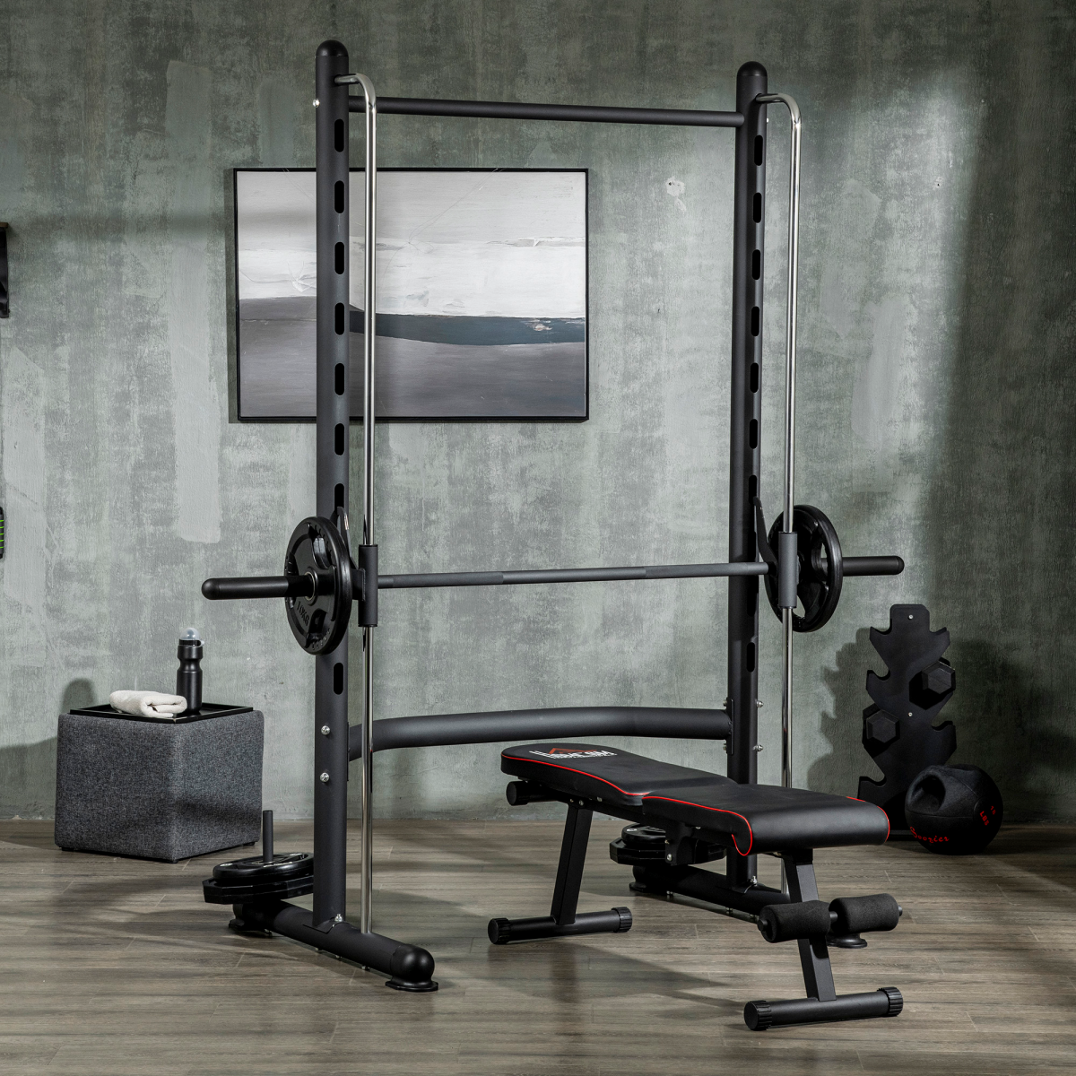 Adjustable HOMCOM squat rack with pull-up bar and barbell bar, designed for home gym workouts.