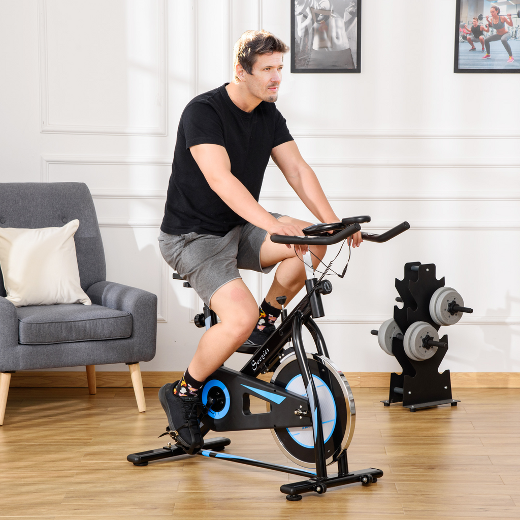 HOMCOM 8kg flywheel stationary exercise bike for indoor cycling cardio workout, showcasing adjustable seat and handlebars.