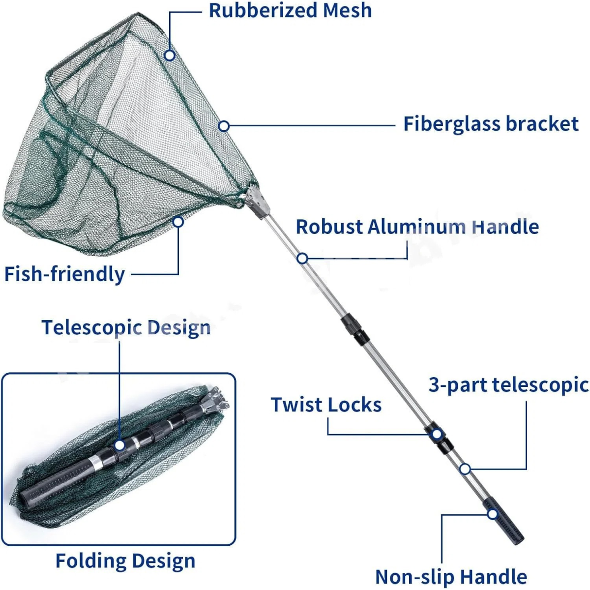Folding Fishing Pole Landing Net Telescopic  Extending Fly Trout Carp Course Sea