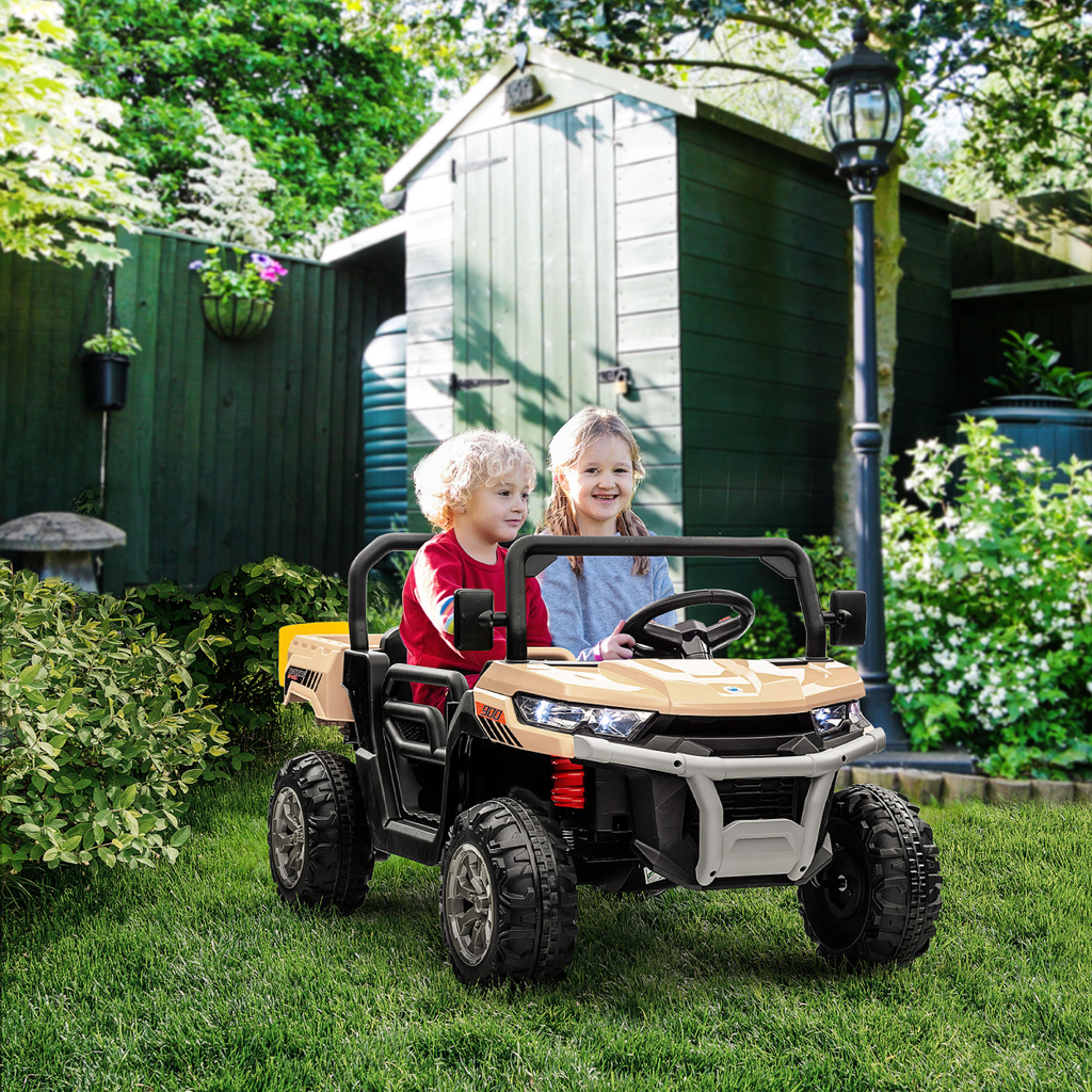 Yellow two-seater kids ride-on truck with electric bucket and parental remote from FunZone.