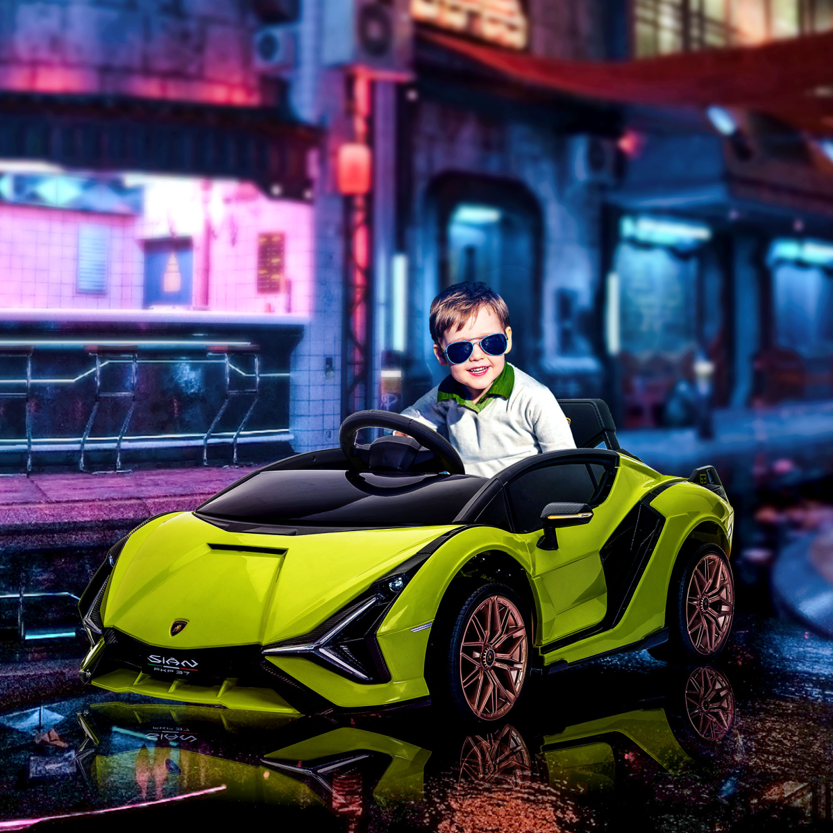 Licensed Lamborghini SIAN 12V electric ride-on car for kids, featuring a sleek design and remote control for ages 3-5.