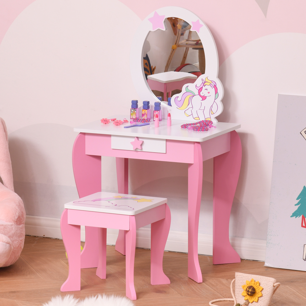 Kids dressing table with mirror and stool, featuring a unicorn design from HOMCOM, perfect for girls' vanity play.