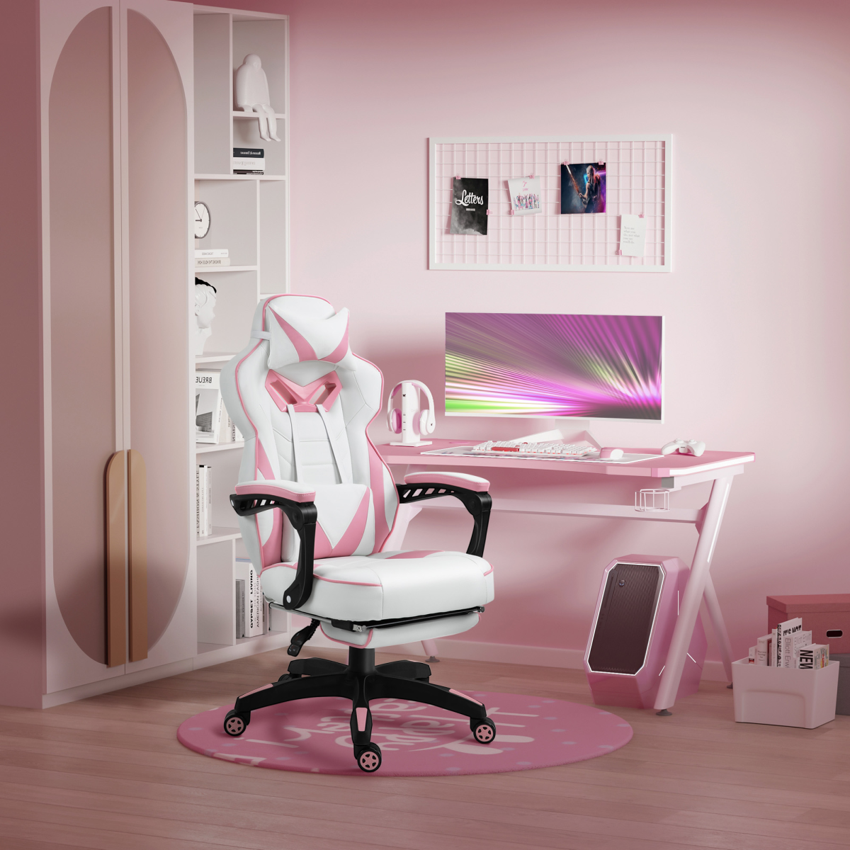 Gaming Chair Ergonomic Reclining w/ Manual Footrest Wheels Stylish Office Pink