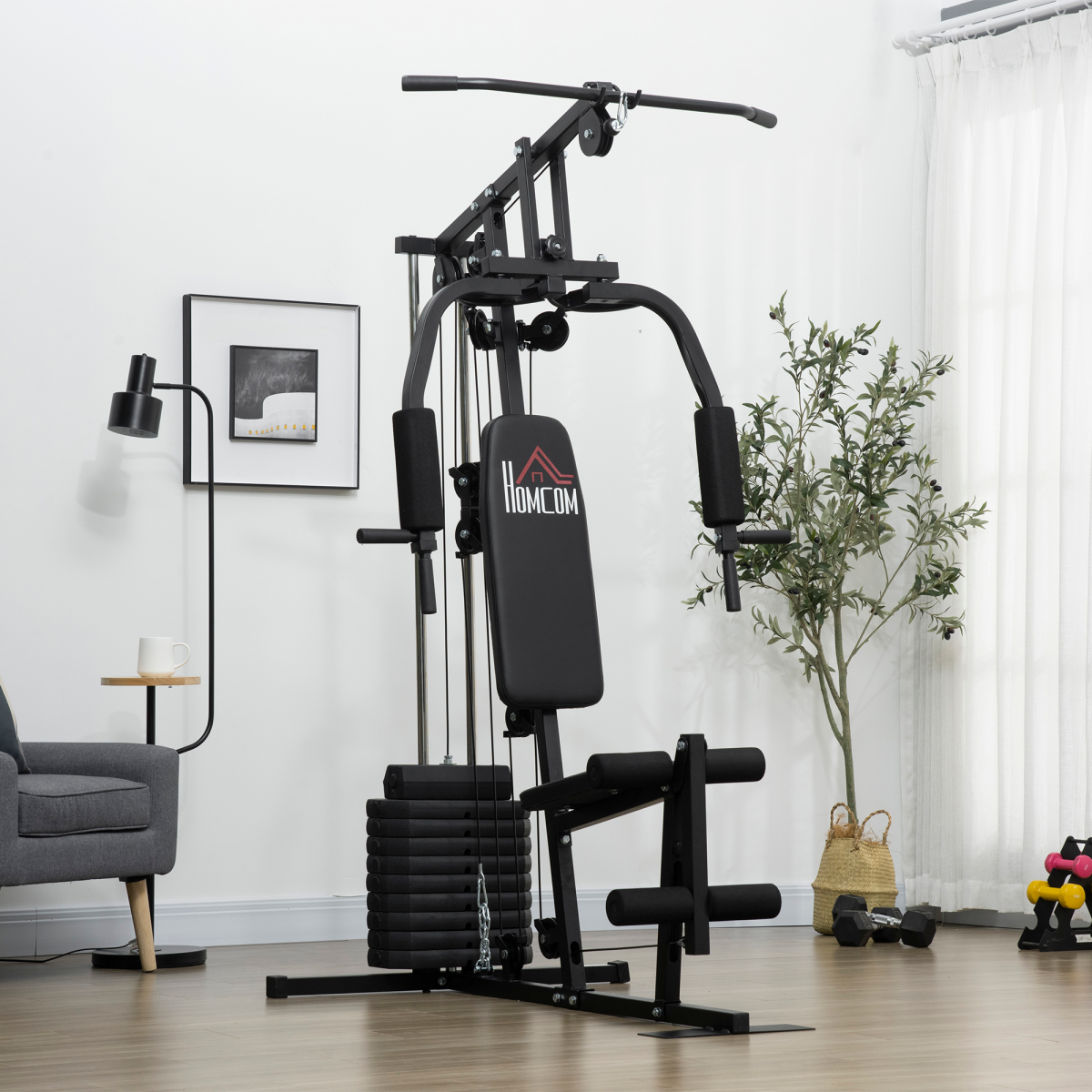 Multifunction home gym machine with 45kg weights for full body workouts, featuring various exercise stations and sturdy design.