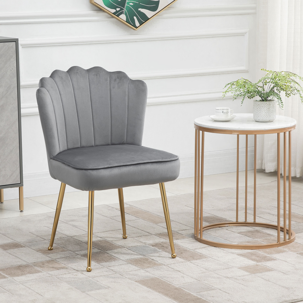 Grey velvet-feel shell accent chair with metal legs by Homcom, designed for home bedroom or lounge use.