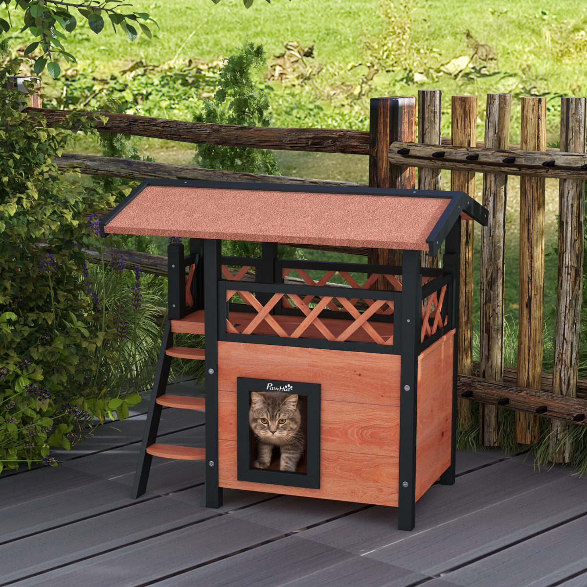 Brown PawHut outdoor cat house featuring balcony, stairs, and roof for comfortable pet shelter in the garden.