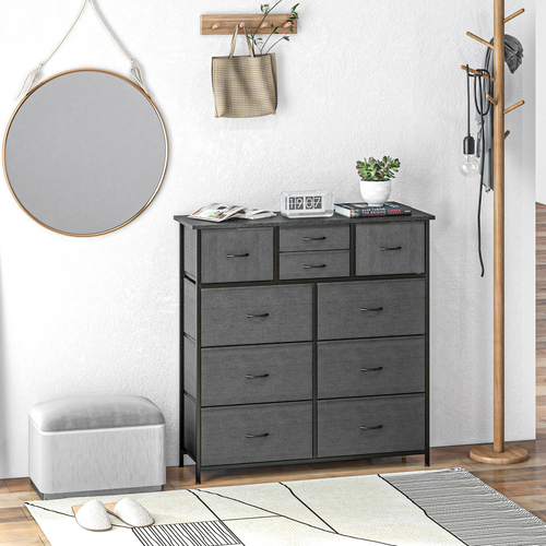 Black 10-drawer fabric dresser by HOMCOM, featuring foldable drawers for organized bedroom storage.