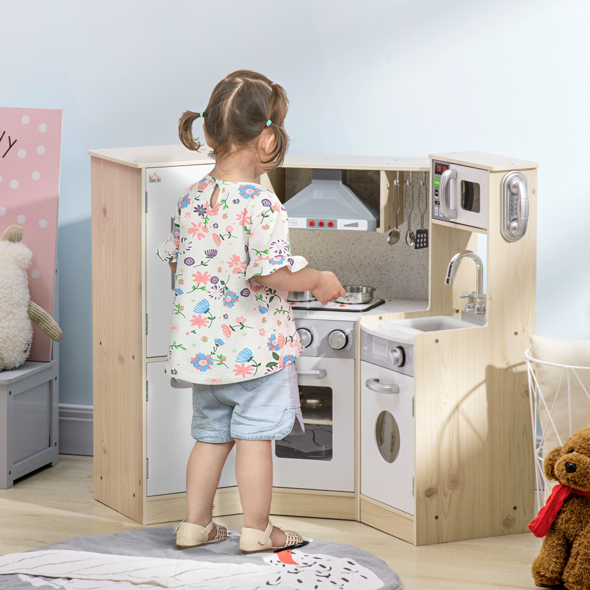 Corner kids kitchen playset by HOMCOM featuring sound, light, phone, microwave, oven, and range hood for imaginative play.