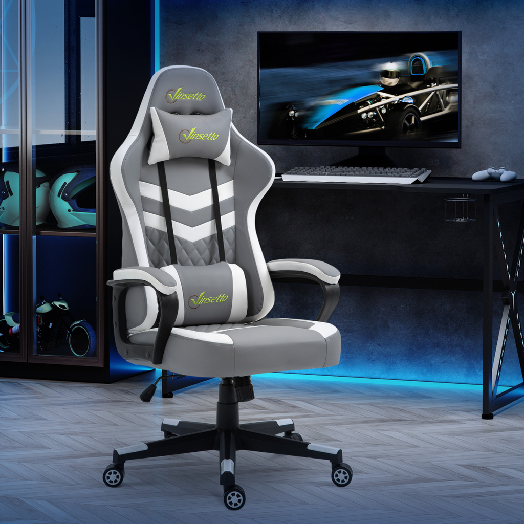 Grey and white Racing Gaming Chair with lumbar support and headrest, designed for comfort during gaming sessions.